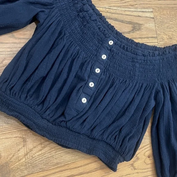 Like New [We The Free ✵ People] Navy Blue Off Shoulder Smocked Crop Top | Small - Picture 3 of 15